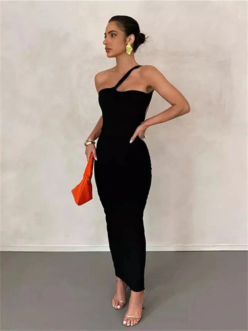 Cheky - WJFZQM Elegant Off Shoulder Backless Ruched Skinny Robe Female Party Evening Clothing Asymmetrical Concise Maxi Dress Women