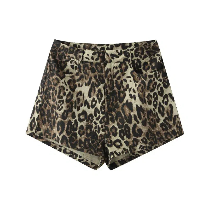 Cheky - Aoaiiys Leopard Print Shorts Women Denim Short Pants Casual Button Vintage Dropped Zippers Female Shorts Summer