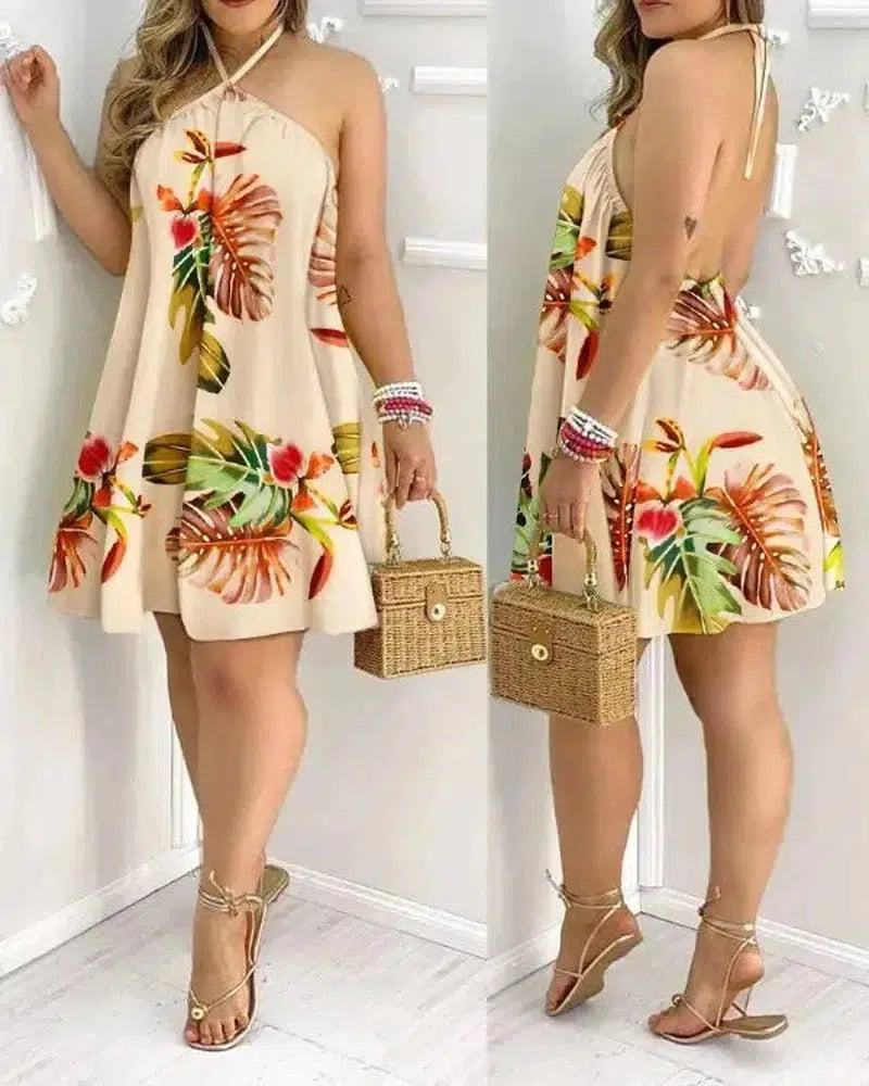 Cheky - Tropical Print Halter Neck Dress, Vacation Style Backless Dress For Spring & Summer, Women's Clothing