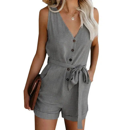 Cheky - Women's Casual V-neck Monochromatic Jumpsuit, Five-Point Shorts, European and American, Summer, New, 2024