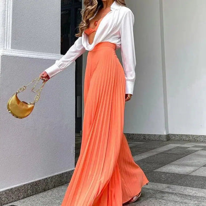 Cheky - Spring Autumn Women's Clothing Solid Color Fashion Elegant Pleated High Waist Long Wide-Leg Pants Temperament And Fashion