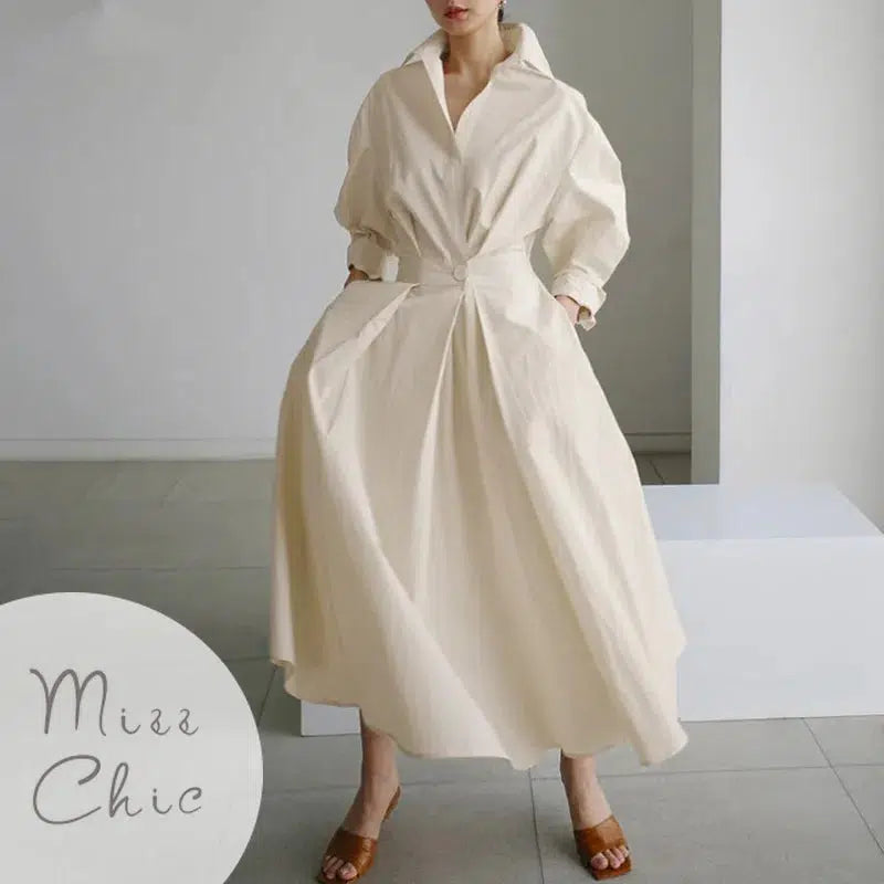 Cheky - S-5XL Korean Fashion Long Sleeve Shirt Dress Chic Turndown Neck Ruched Maxi Dress Women Autumn Winter Clothes Streetwear