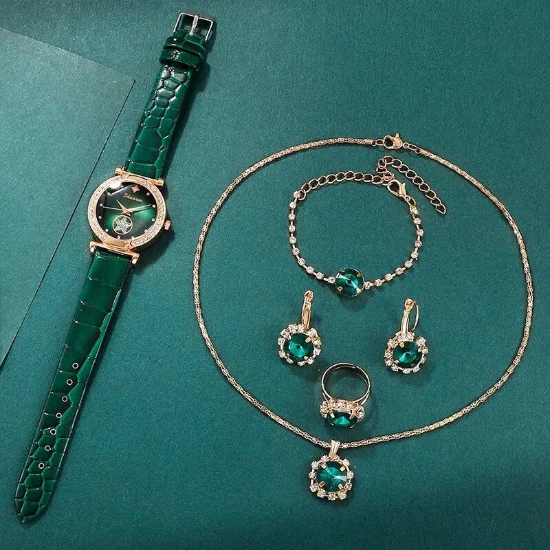 Cheky - 6PCS Set Green Luxury Quartz Watch Women Ring Necklace Earring Rhinestone Fashion Wristwatch Casual Ladies Bracelet Watches