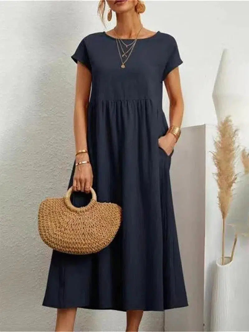 Cheky - Elegant Solid Maxi Dress - Women's Vintage Cotton Linen Sundress with Pockets