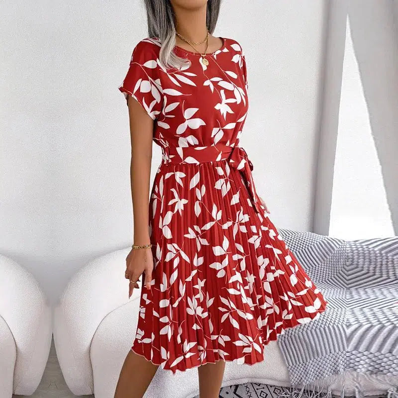 Cheky - Women Spring Summer Short Sleeve High Waist Chic Dress Fashion Floral Pleated A Line Long Dress