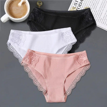 Cheky - FINETOO 3Pcs/set Women Cotton Panties M-2XL Low-Rise Underwear Trendy Patchwork Lace Briefs Female Soft Underpants Lingerie 2022