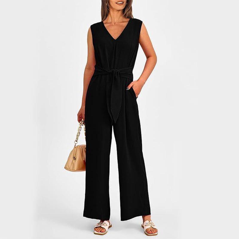 Cheky - New V-neck Sleeveless Long Jumpsuit With Pockets And Lace-up Design Wide-leg Straight Trousers Summer Womens Clothing