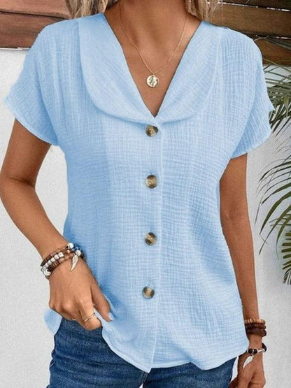 Cheky - Summer Solid Color Fashion Short-sleeved Cardigan Button Women's Top