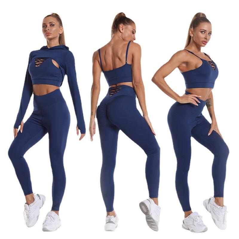 Cheky - 3pcs Sports Suits Long Sleeve Hooded Top Hollow Design Camisole And Butt Lifting High Waist Seamless Fitness Leggings Sports Gym Outfits Clothing