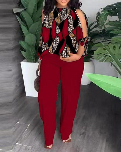 Cheky - Round Neck Raglan Half Sleeve Beaded Positioning Printed Trousers Suit