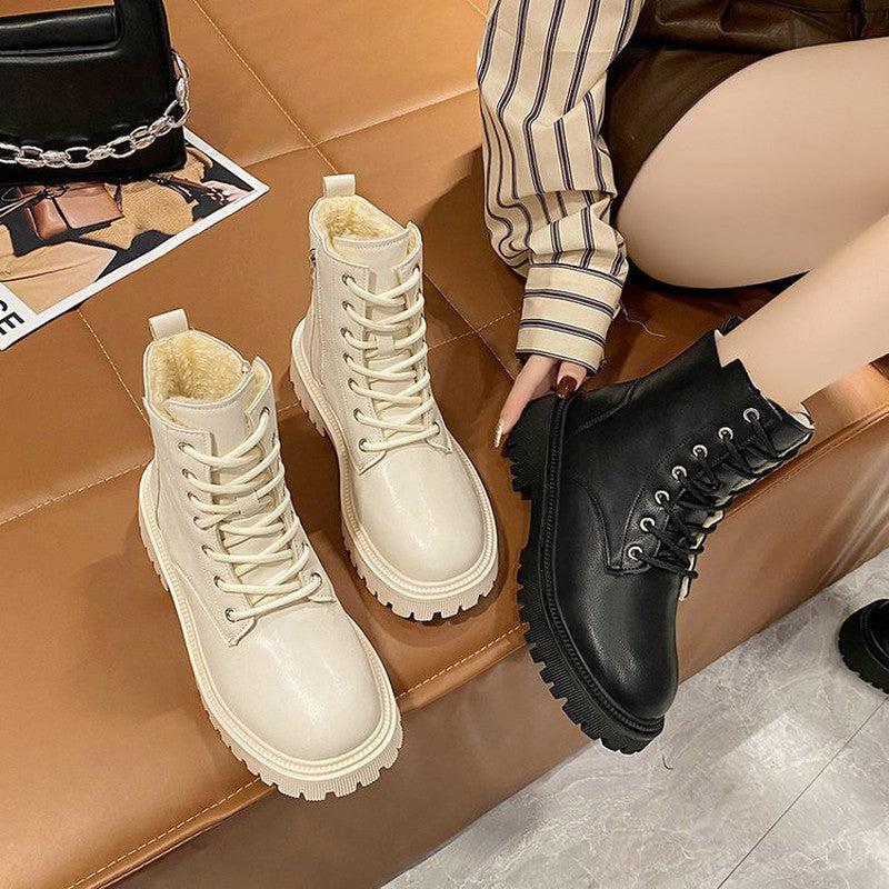 Cheky - Square Heel Round Head Solid Color British Style Retro Casual Platform Women's Boots