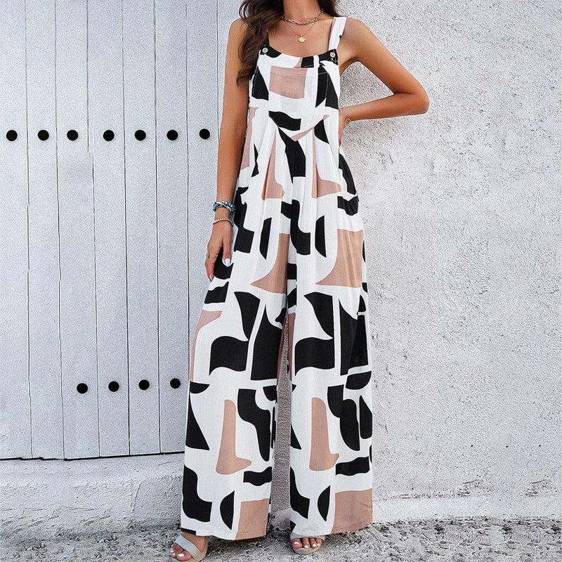 Cheky - Fashion Print Square Neck Jumpsuit With Pockets Spring Summer Casual Loose Overalls Womens Clothing