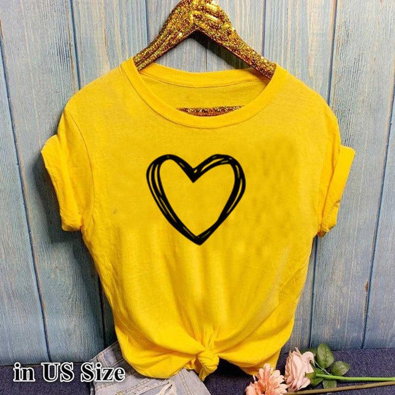 Cheky - Heart Print T Shirt Women Short Sleeve O Neck Loose Tshirt Summer Women Causal Tee Shirt Tops Clothes Camisetas Mujer