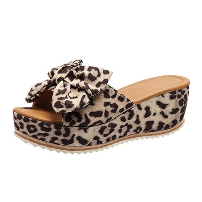 Cheky - Fashion Bow Leopard Print Wedge Slippers For Women New Thick-sole High Heel Flat Shoes Summer Outdoor Fish Mouth Slippers