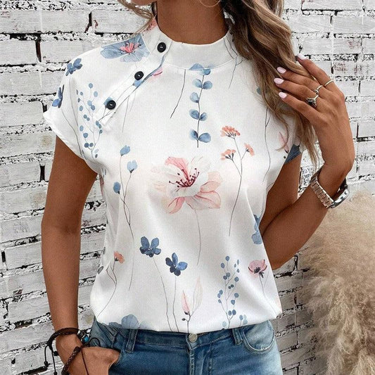 Cheky - Women's Casual Stand Collar Short-sleeved Digital Printed Top T-shirt