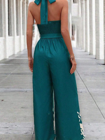 Cheky - Printing Series Belt Halter Backless Jumpsuit For Women