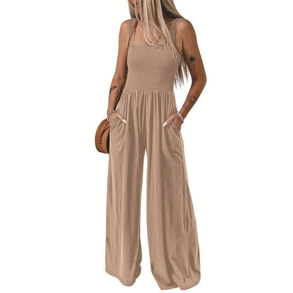 Cheky - Summer Square Neck High Waist Jumpsuit Women's Backless Pleated Design Wide Leg Trousers Clothing