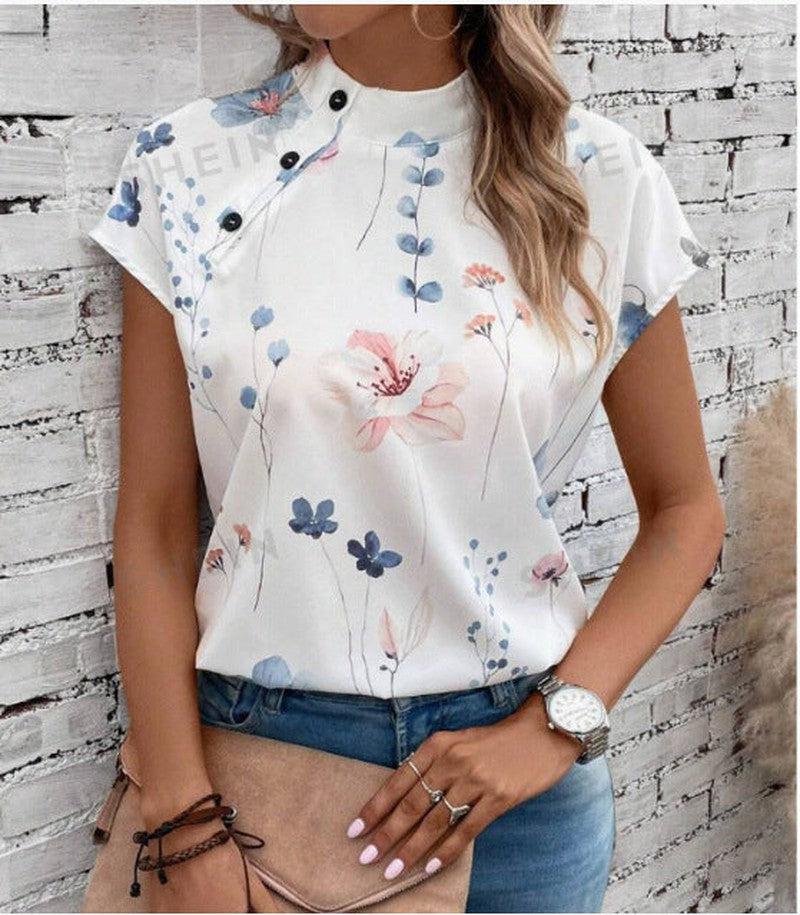 Cheky - Women's Casual Stand Collar Short-sleeved Digital Printed Top T-shirt