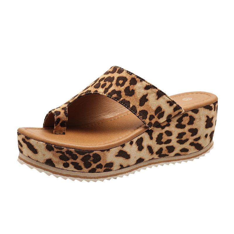 Cheky - Fashion Leopard Print Wedge Slippers For Women New Thick-sole High Heel Flip Flops Shoes Summer Outdoor Slippers