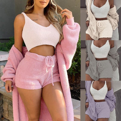 Cheky - Winter Sexy Women Home Wear Suit Casual Pajamas Set Lady Female Soft Warm Long Sleeve Exposed Navel Vest Shorts Set