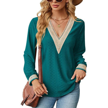 Cheky - Lace Stitching V-neck T-shirt Loose Long-sleeved Solid Color Top For Women