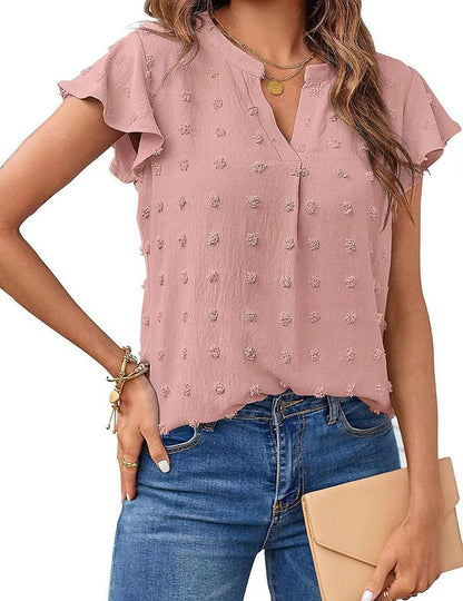 Cheky - Women Summer V Neck Ruffle Short Sleeve Blouse Dot Flowy Shirt Top