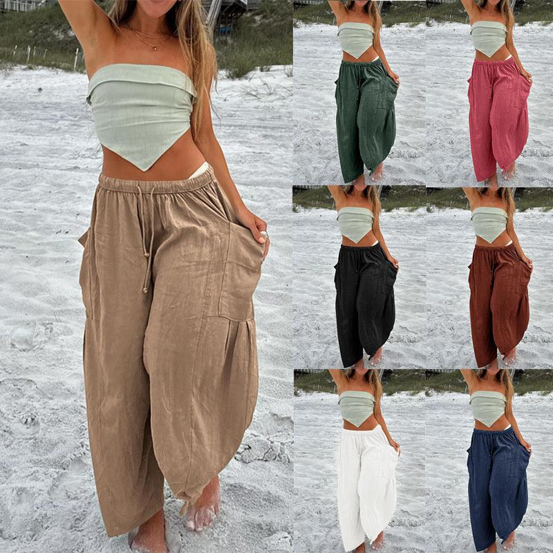 Cheky - Fashion Wide Leg Pants Summer Loose Elastic High Waist Pleated Trousers Solid Color Womens Clothing