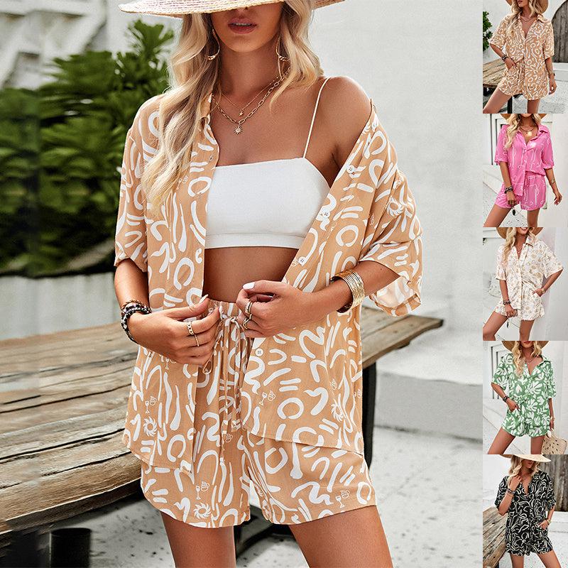 Cheky - 2Pcs Casual Printed Suits Short-sleeved Shirt And Drawstring Shorts Summer Fashion Womens Clothing