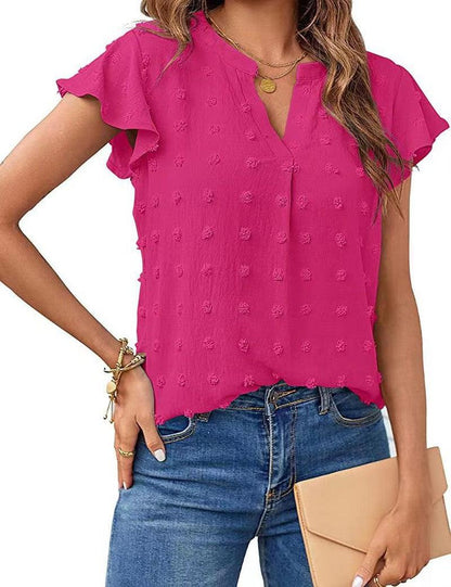 Cheky - Women Summer V Neck Ruffle Short Sleeve Blouse Dot Flowy Shirt Top