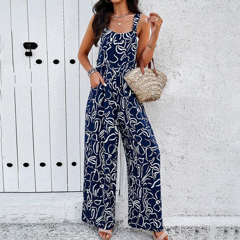 Cheky - Fashion Print Square Neck Jumpsuit With Pockets Spring Summer Casual Loose Overalls Womens Clothing