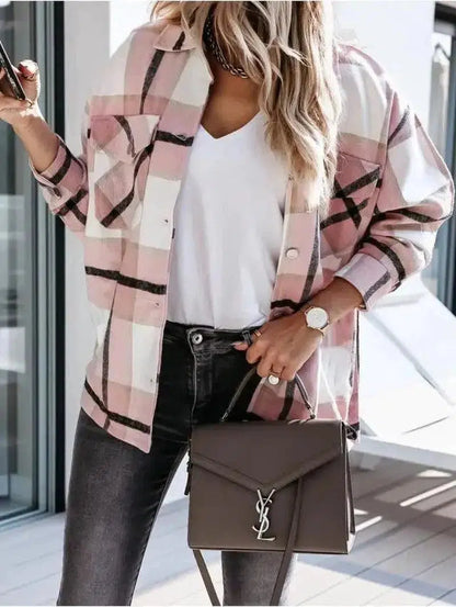 Cheky - Autumn And Winter Long-Sleeved Plaid Shirt Jacket Women