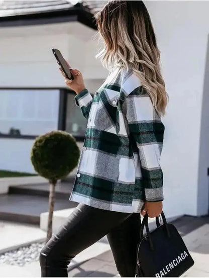 Cheky - Autumn And Winter Long-Sleeved Plaid Shirt Jacket Women