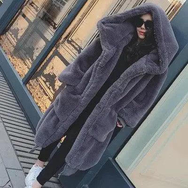 Cheky - Autumn And Winter Thick Long Hooded Fur Coat