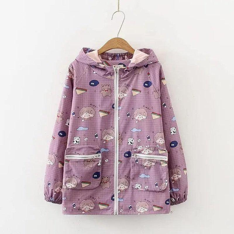 Cheky - Big Girl Cute Printed Trench Coat Loose Hooded Jacket