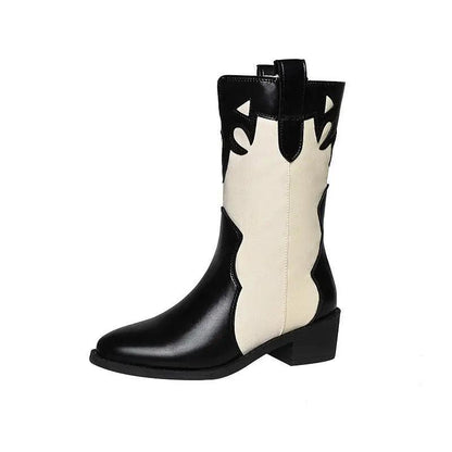 Cheky - Black White Cowboy Boots Women Low Heel Mid Calf Shoes