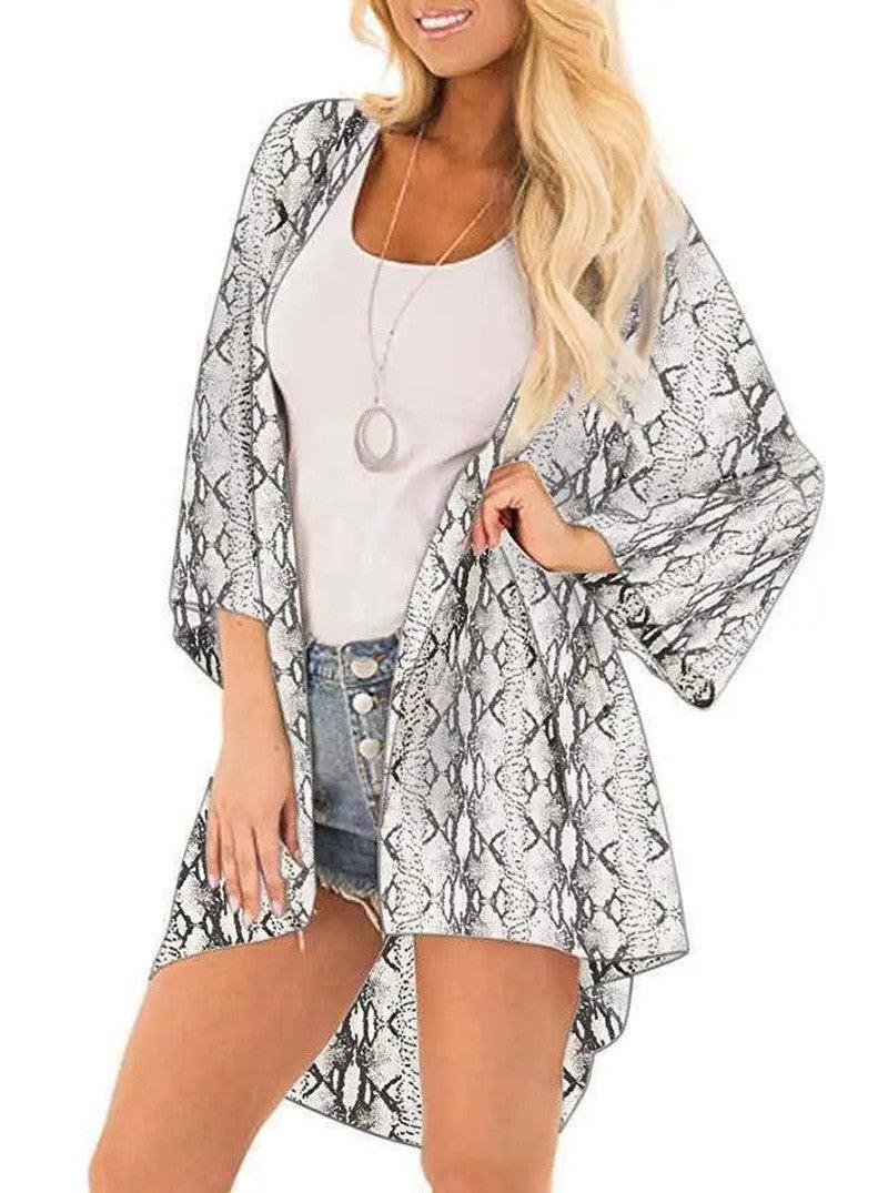 Cheky - Chiffon Printed Cardigan Sunscreen Long Kimono Bikini Blouse