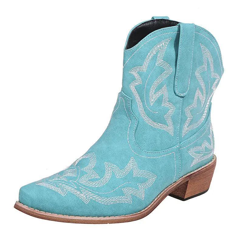 Cheky - Cowboy Boots Women Embroidery Wedge Heel Shoes Western Cowgirl Boots