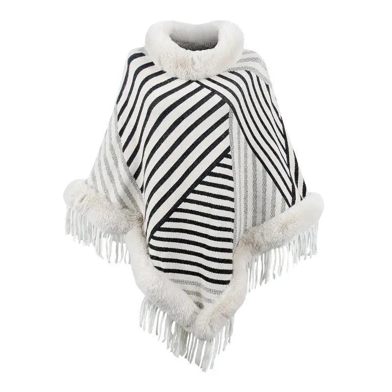 Cheky - Drizzling Fur Collar Pullover Tassel Knitted Cape For Women