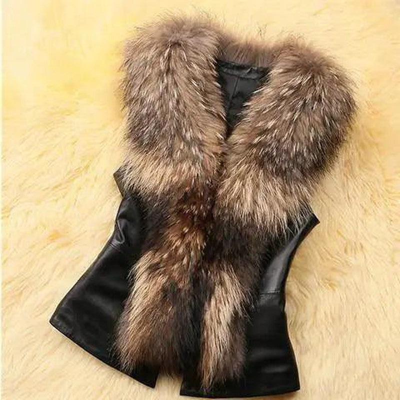 Cheky - Faux Fur Vest And Fur Coat Short Raccoon Fur Collar Vest