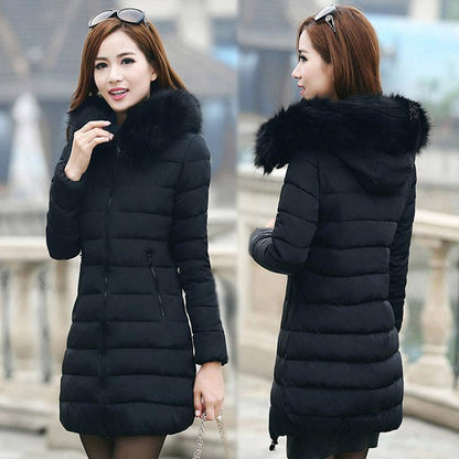 Cheky - Fur collar mid-length thick down cotton