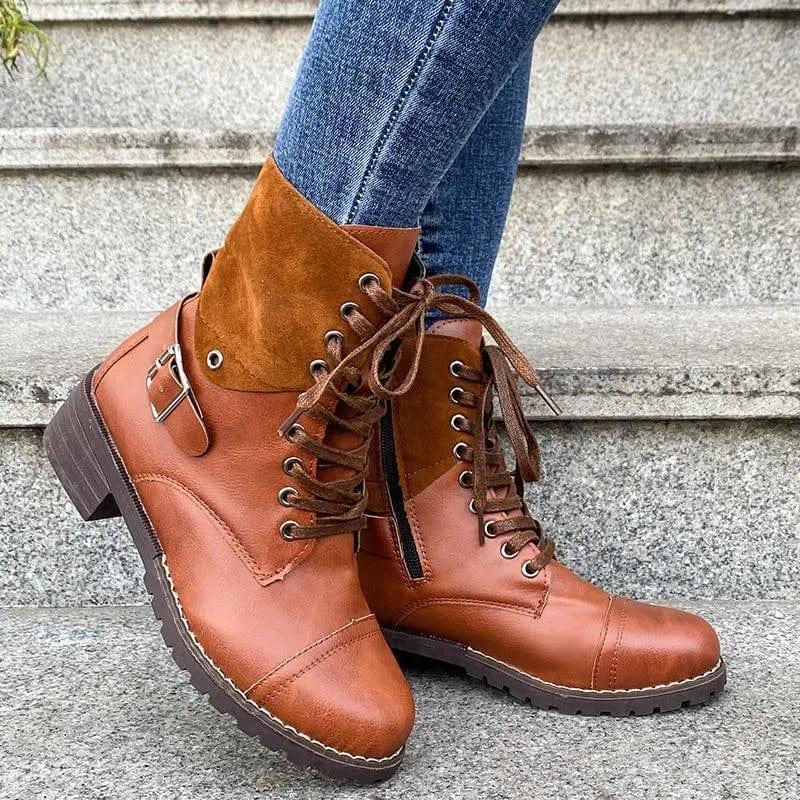 Cheky - Lace-up Boots Winter Buckle Cowboy Boots Women Low Heel