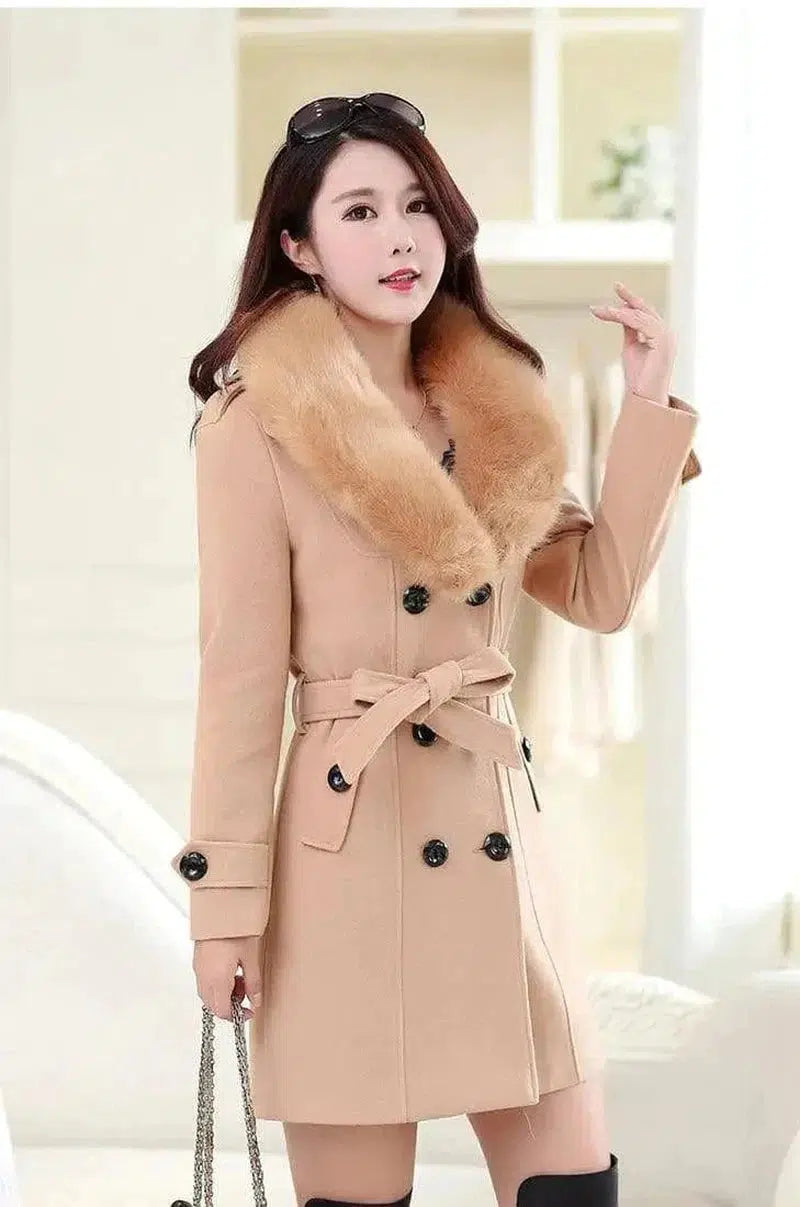 Cheky - Large fur collar woolen coat