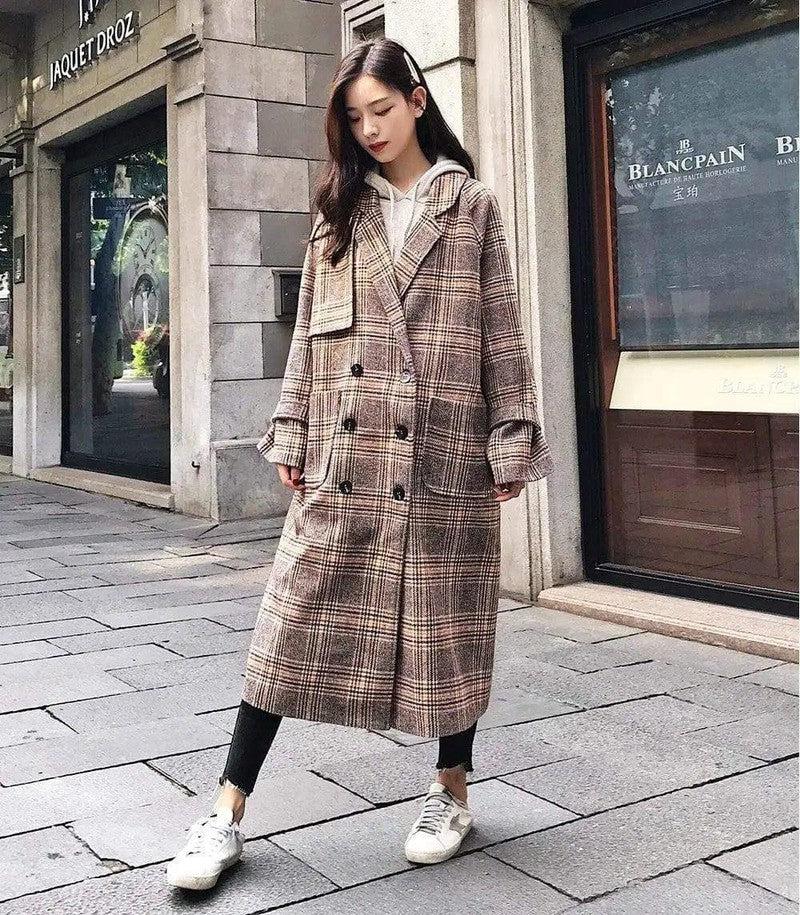 Cheky - Loose slim long double-breasted retro plaid woolen coat