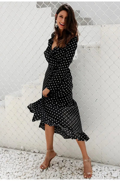 Cheky - Long sleeve polka dot ruffled split dress black dress maxi