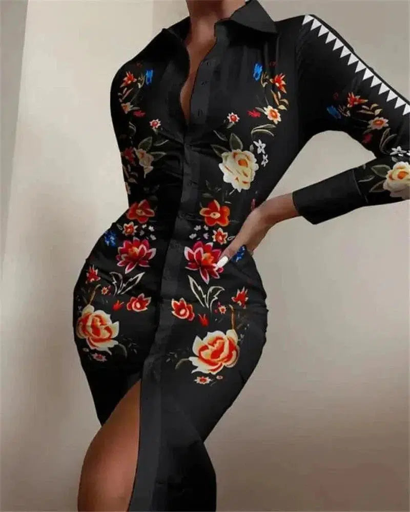 Cheky - Long-sleeved Waist Printed Shirt Dress