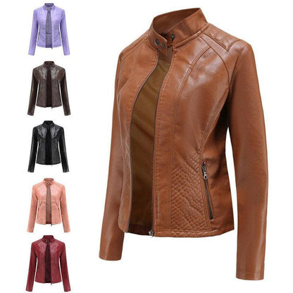 Cheky - Simple European And American Trend Thin Coat Long Sleeve Motorcycle Jacket Women