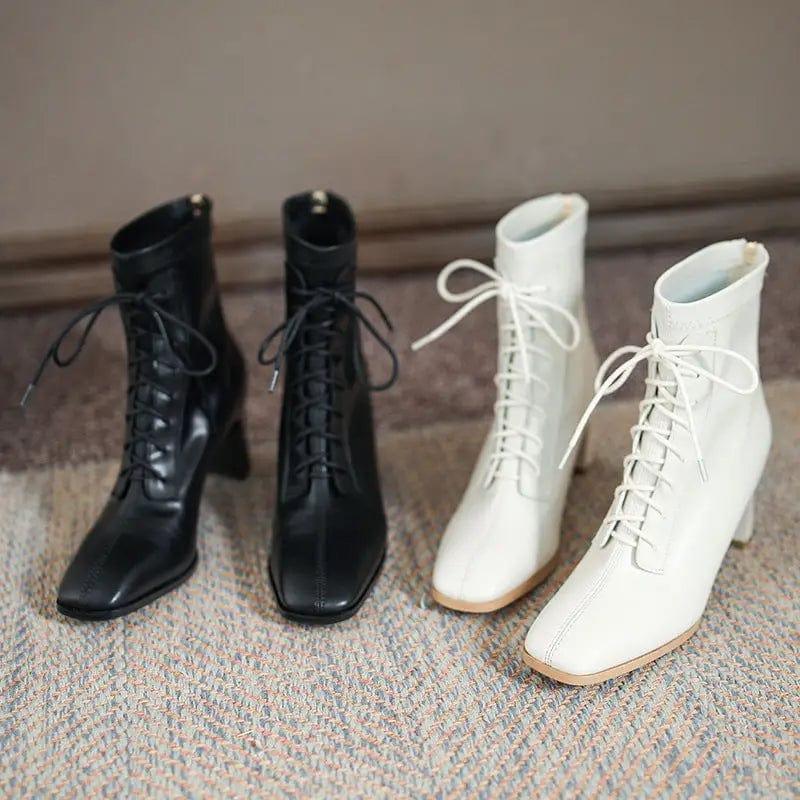 Cheky - Square Toe High Heel Boots PU Leather Women Ankle Boots