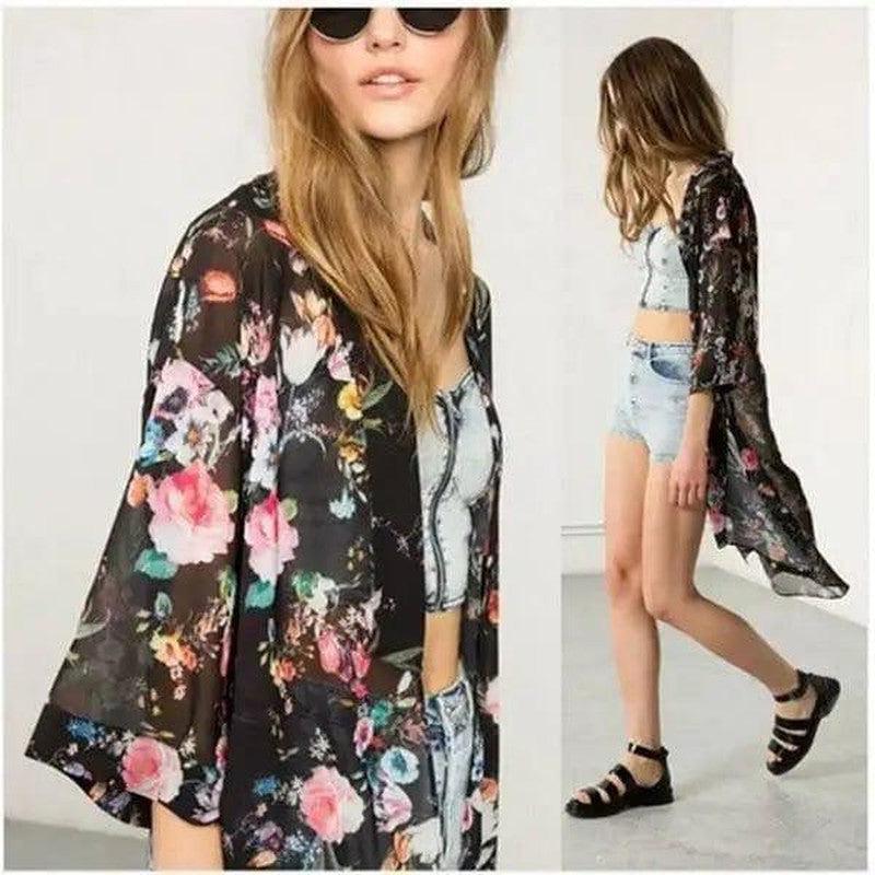 Cheky - Summer European and American chiffon printed long cardigan