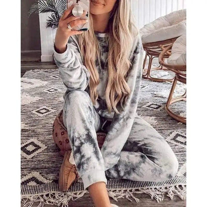 Cheky - Tie-Dye Printed Round Neck Long-Sleeved Casual Suit