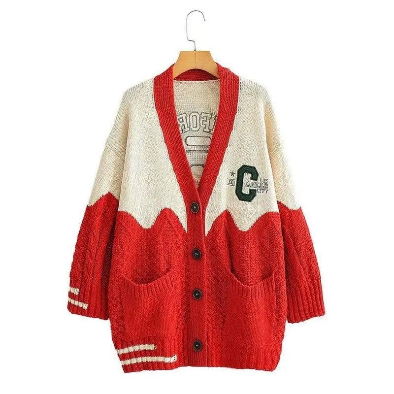 Cheky - V-neck contrast letter cardigan sweater women